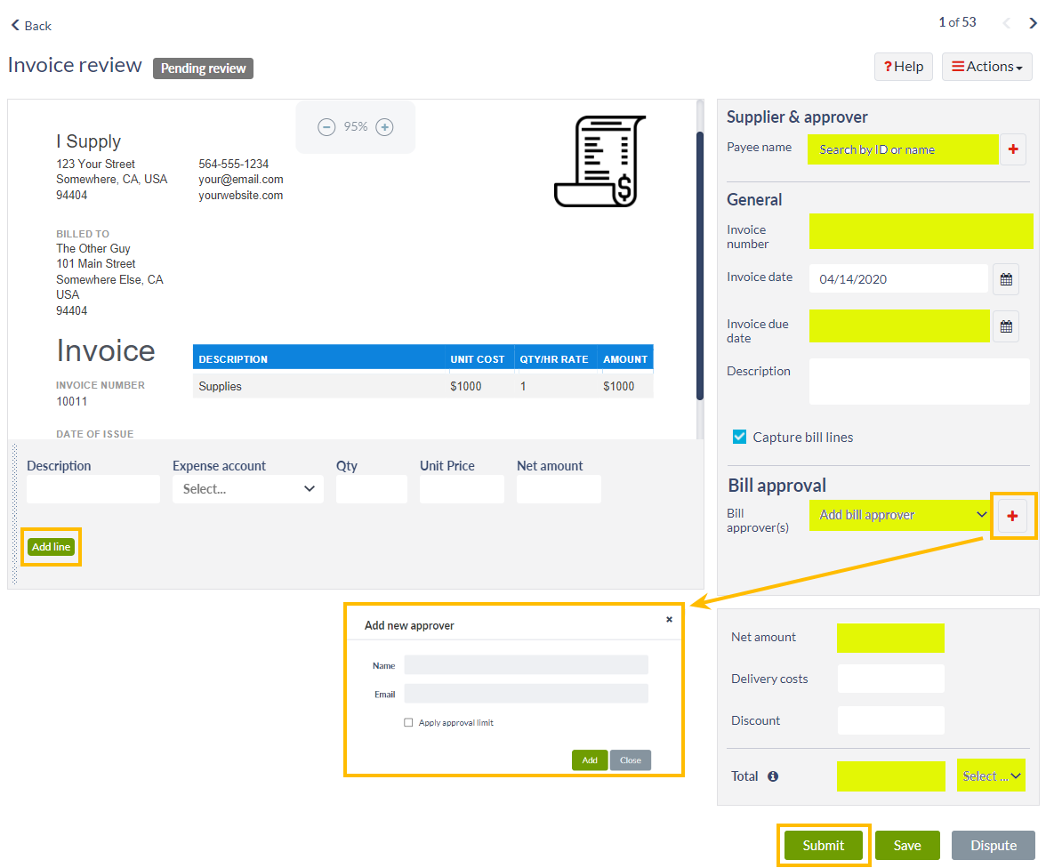 Invoice review screen