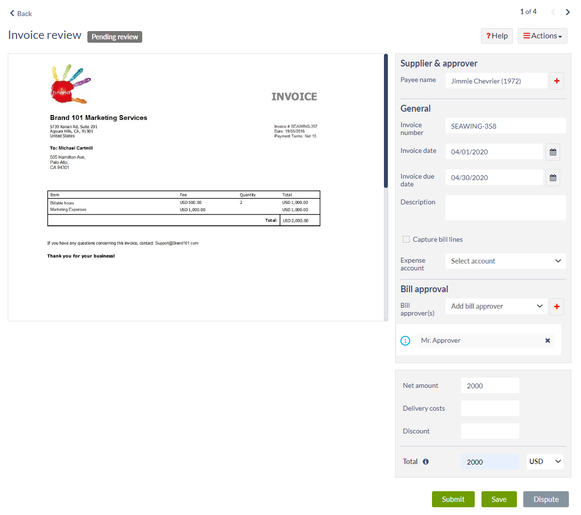Invoice review screen
