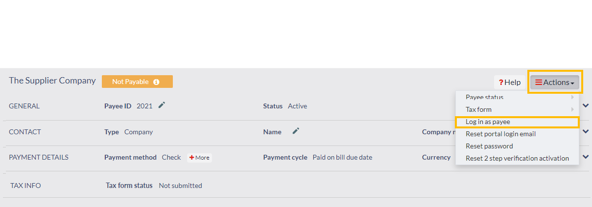 Log in as a payee action