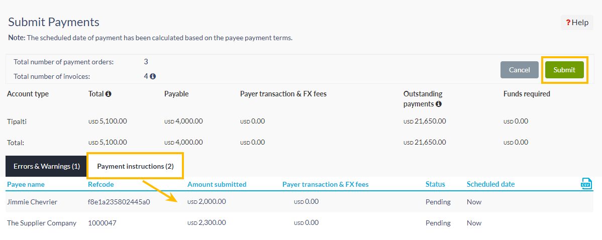 Payment instructions subtab