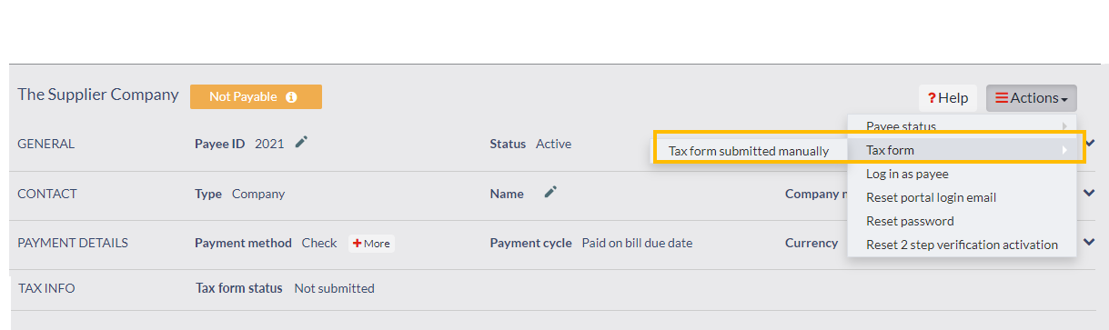 Tax form submitted manually action